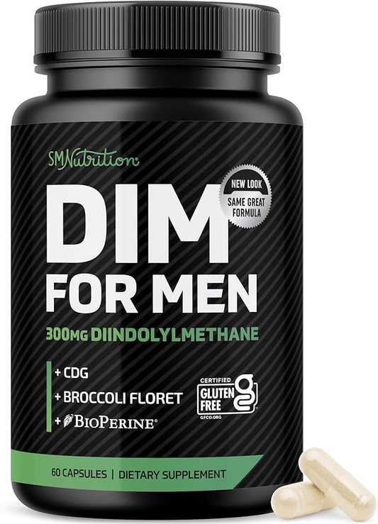 DIM Supplement for Men 300mg | Estrogen Blocker & Aromatase Inhibitor | Extra Strength Men’s Hormone Balance & Fitness Booster with Diindolylmethane Plus CDG & Sulforaphane | Gluten-Free | 60 Ct