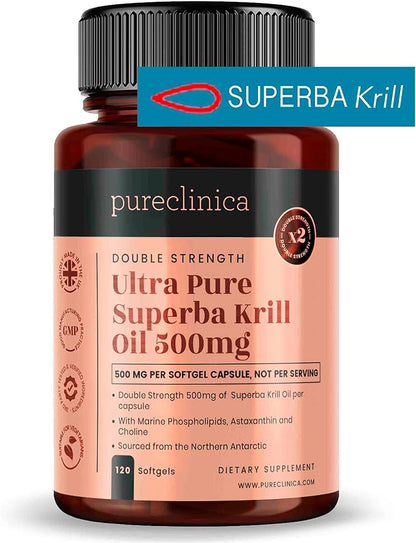 Ultra Pure Krill Oil 500mg x 240 Capsules (2 Bottles) - Sourced in The Unpolluted Waters of Antarctic Providing a Rich Supply of Astaxanthin, Omega 3, and Vitamin D