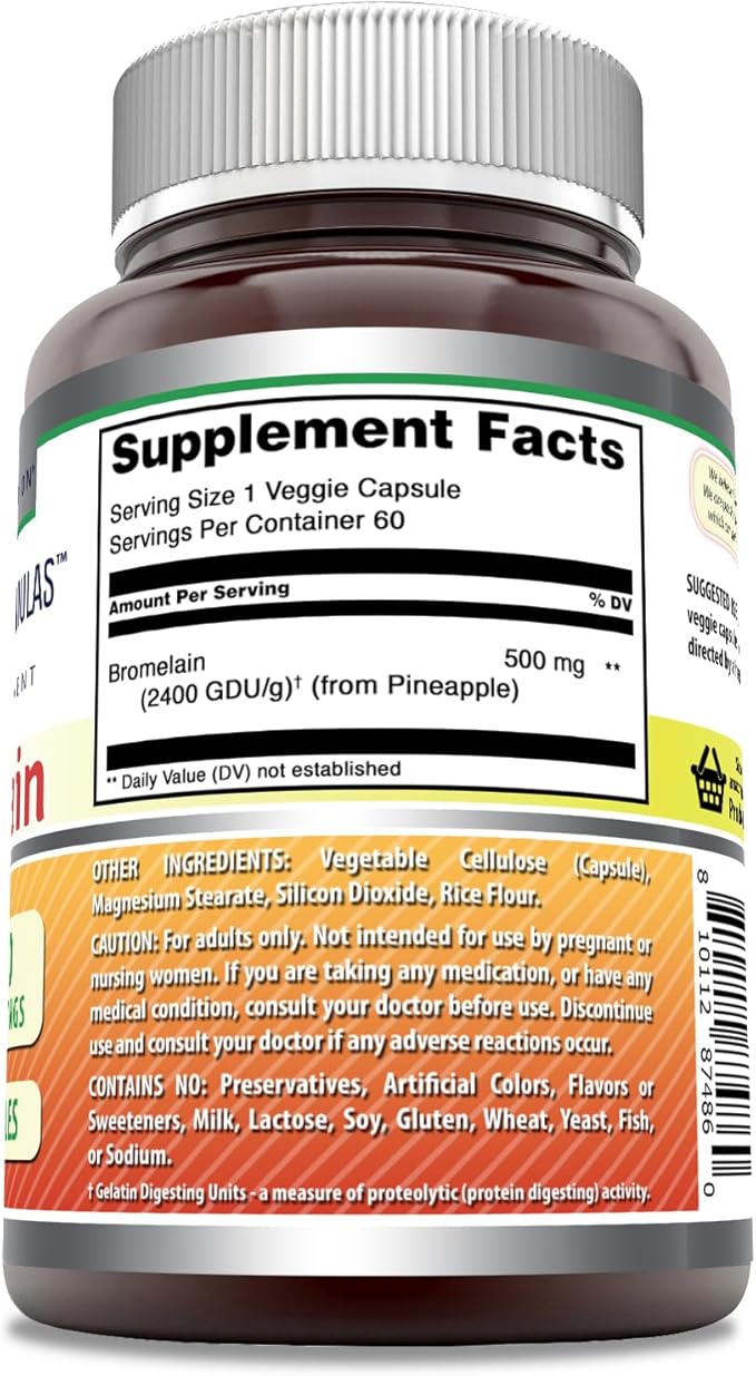 Amazing Formulas Bromelain 500mg 2400 GDU, 60 Veggie Capsules | Non-GMO | Gluten Free | Made in USA | Ideal for Vegetarians