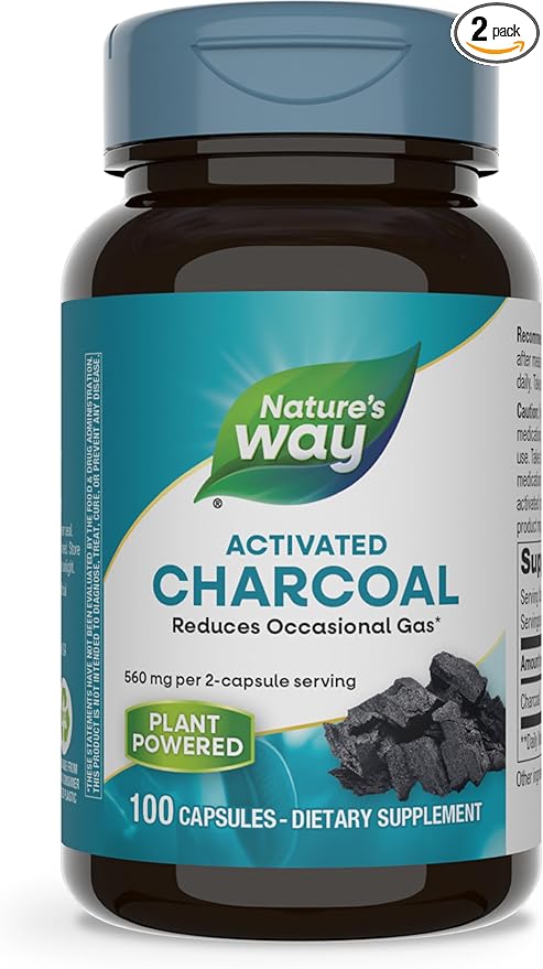 Nature's Way Activated Charcoal, Binds Unwanted Materials and Gas in the Digestive Tract*, 560 mg per 2-Capsule Serving, 100 Capsules (Packaging May Vary) - 2 Pack