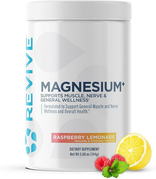 Revive MD Magnesium Powder Supplement - Magnesium Carbonate & Taurate Powder Drink Supports Healthy Bones, Muscles, & Nerves - Vegan-Friendly, Gluten-Free & Soy-Free - 30 Servings, Raspberry Lemonade