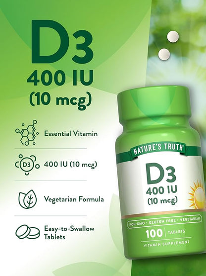 Nature's Truth Vitamin D3 | 400 iu (10 mcg) | 100 Tablets | Vegetarian, Non-GMO, & Gluten Free Supplement
