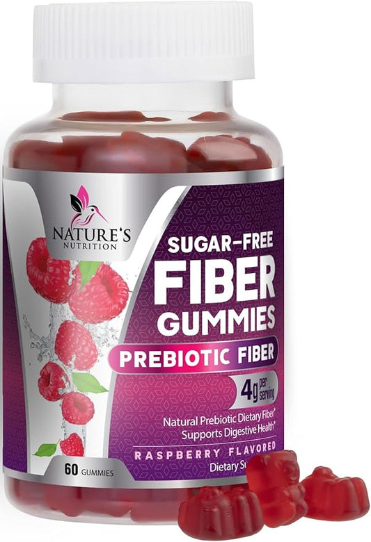Fiber Supplement Gummies - Sugar-Free Daily Gummy for Adults Digestive Health & Regularity Support - 4g Prebiotic Plant Based Fiber Supplements Blend for Women & Men - Raspberry Flavor - 60 Gummies