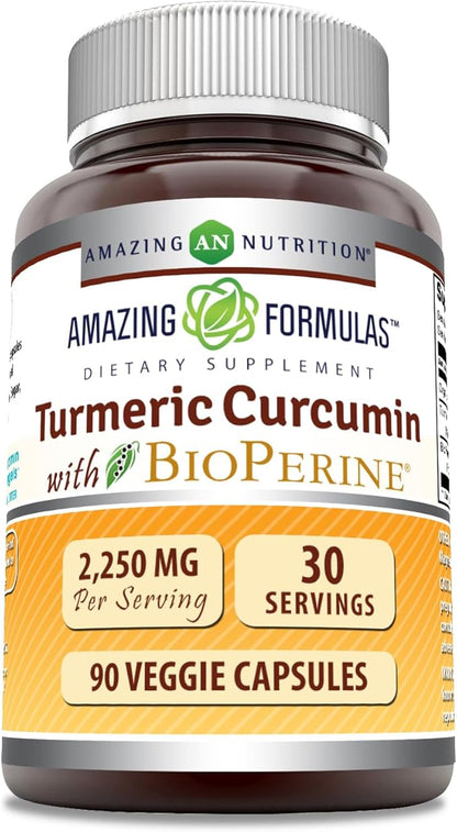 Amazing Formulas Turmeric Curcumin with Bioperine Supplement | 2250 Mg per Serving | Veggie Capsules | Non-GMO | Gluten-Free | Made in USA (1 Pack, 90 Count)