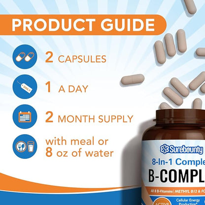8-in-1 Vitamin B Complex Capsules for Women & Men, Super B Complex Vitamins, B12, B1, B2, B3, B5, B6, B9, Biotin, Folate, Methylated Forms, Energy, Nerve, Blood Support, 120 Caps