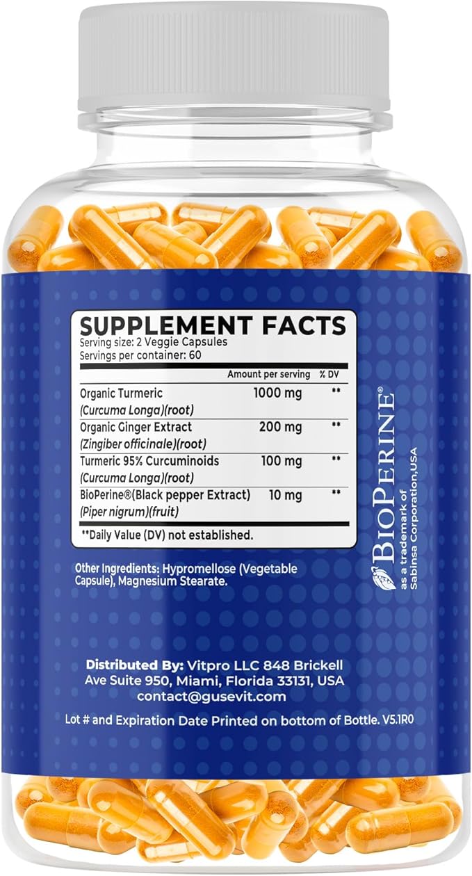 Turmeric + Ginger Extract + BioPerine for Best Absorption (Black Pepper Extract), 1,300+ mg per Serving, Turmeric 95% Curcuminoids, 120 Capsules, 60 Days Supply, GMP Facility