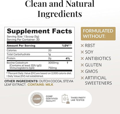 Bovine Colostrum Powder (Chocolate) Grass Fed Colostrum Supplement for Gut Health, Immune Support Healthy Hair, Skin & Nails - 30 Servings
