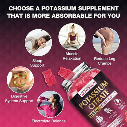 2 Pack Potassium Citrate Gummies, High Potassium Supplement (1000mg), Supports Leg Cramps & Muscle Health, Suitable for Adults & Kids, Vegan, Non-GMO, 120-Count