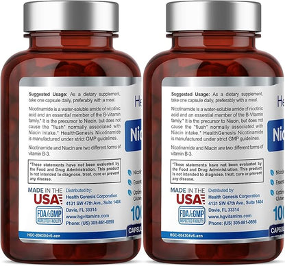 B-3 Nicotinamide 500 mg 100 Caps 2 Pack - Nicotinic Amide Niacin Natural Flush-Free Vitamin Formula - Supports Skin Cell Health