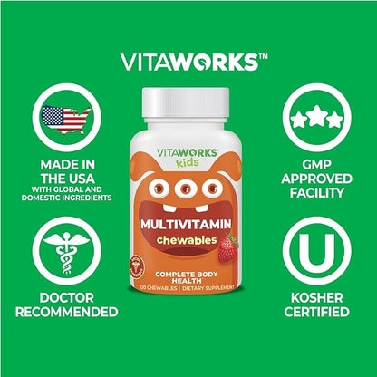 Kids Multivitamin with Iron & Minerals Chewable Tablets - Mixed Fruit Flavor - Vegetarian, GMO-Free, Nut Free - Dietary Supplement - Digestive Support for Children - 120 Chewables",
