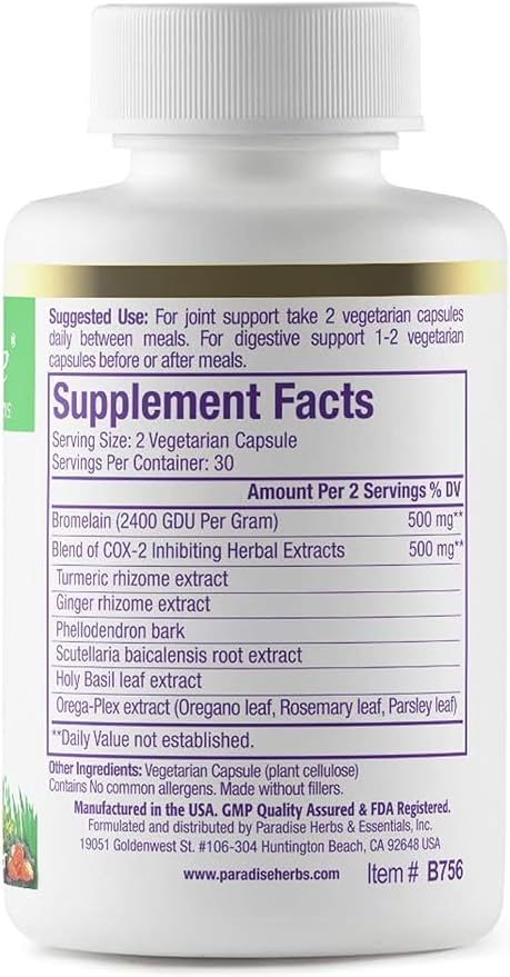 Paradise Herbs Bromelain Supplement, Brom-E-Mend, with Turmeric, Bromelain and Ginger, Vegan, Non-GMO, Gluten Free, 60 Vegetarian Capsules