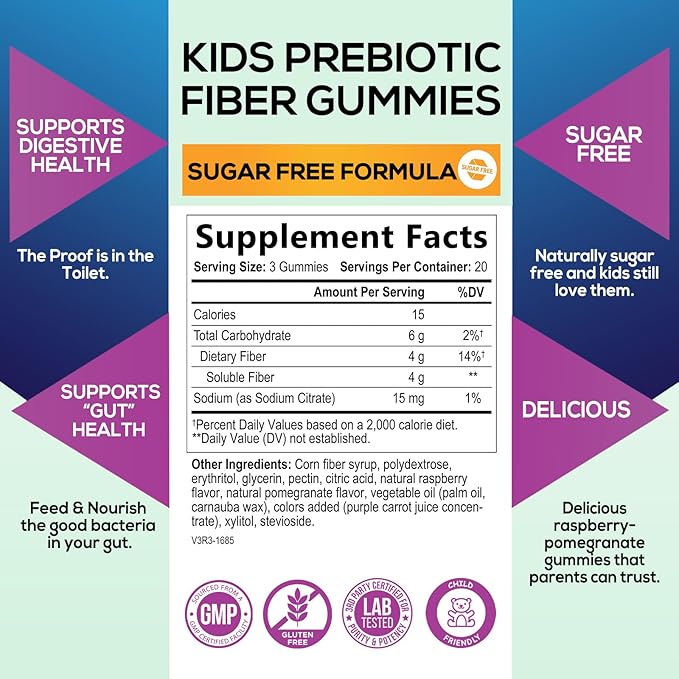Kids Fiber Gummies – Sugar-Free Prebiotic Fiber Supplement Supports Digestion, Regularity, & Immune Health – 4g Plant-Based Fiber, Raspberry Flavor – Vegan, Gluten-Free Gummy Bears – 60 Gummies
