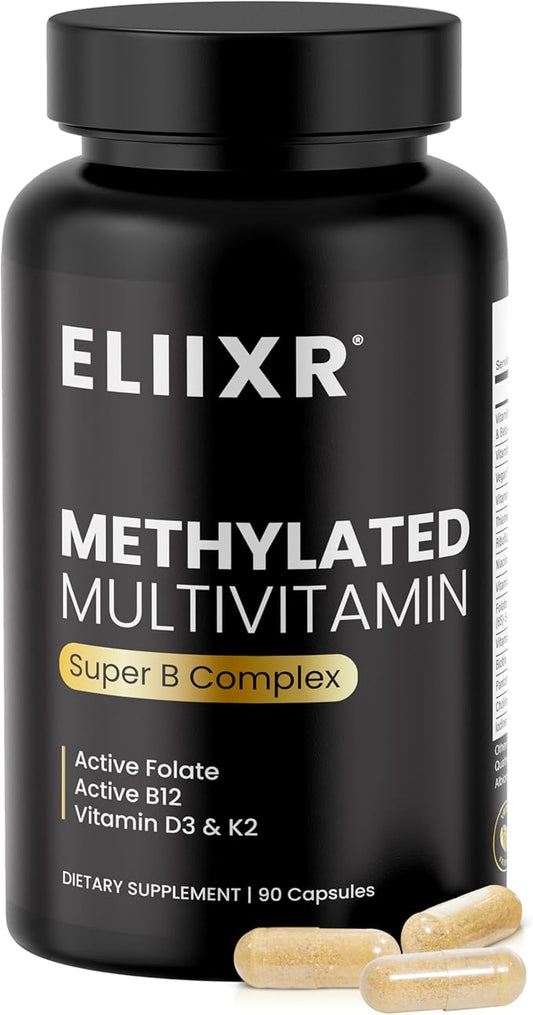 Eliixr Methylated Multivitamin Supplement for Men and Women with Active Methyl B12 and 5-MTHF Methylfolate 90 Vegetable Capsules Iron Free Made in The USA