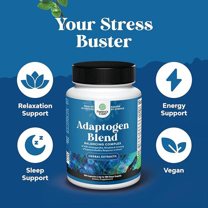 Herbal Adaptogen Mood Support Supplement - Calming Adaptogens Supplement for Stress & Cortisol Management with Ashwagandha Rhodiola Rosea & Maca Root - Vegan Non GMO & Daytime Friendly -180ct