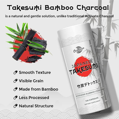 Takesumi Activated Charcoal 2000mg – Activated Charcoal from Bamboo for Max Absorption, Detox & Gut, 120 Vegan Capsules