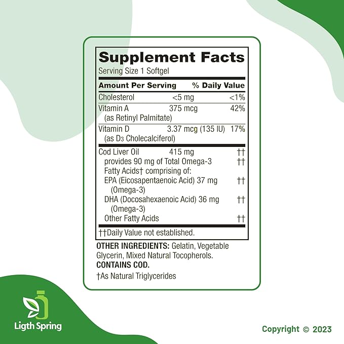 Spring Valley Cod Liver Oil Plus Vitamins A & D3, 100 softgels, Support Eye Function and a Healthy, Bundle with Vitamins & Minerals Ligth&Spring Guide