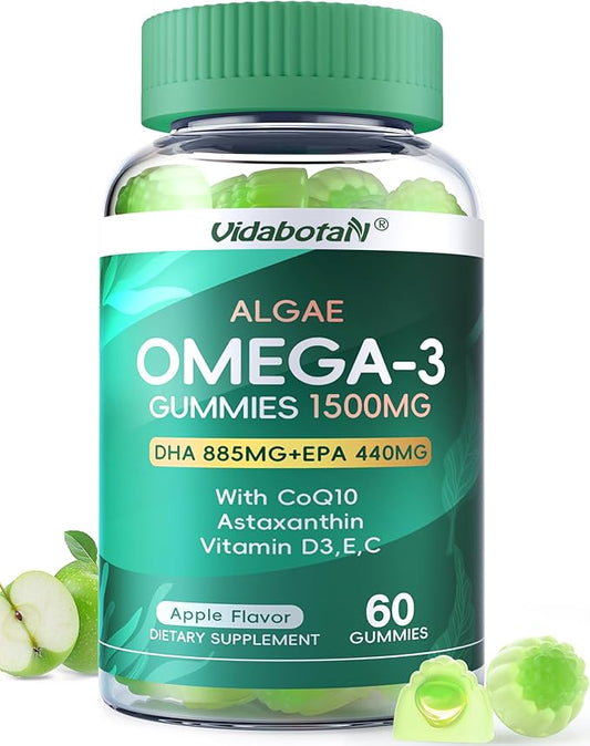 Vegan Omega 3 Gummies 1500mg, Algae Omega 3 Supplements DHA 885mg & EPA 440mg, with Coq 10,Vitamin E,C,D3 for Brain, Eye Support, Fish Oil Supplements Alternative, Sugar Free, 60 Counts