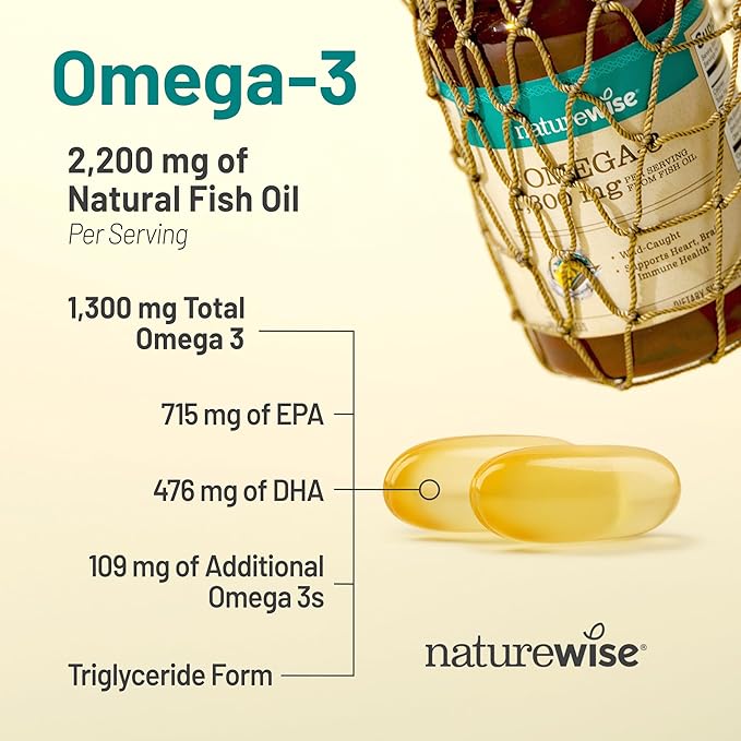 NatureWise Ultra Omega 3 Fish Oil 2200 mg - Triglyceride Form - Lemon Flavor - Wild-Caught Fish Oil + EPA & DHA - Supports Brain & Heart Health - Burpless, Non-GMO - 180 Softgels[3-Month Supply]