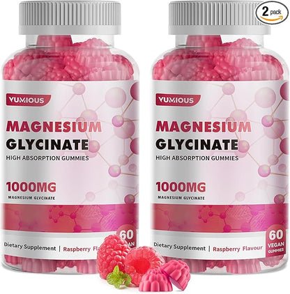 Magnesium Glycinate Gummies 1000mg - for Adults Magnesium Potassium Supplement with Vitamin D, B6, CoQ10 for Calm Mood & Sleep Support - 120 RaspberryGummies -2 Pack