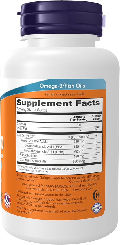 NOW Foods Supplements, Neptune Krill, Double Strength 1000 mg, Phospholipid-Bound Omega-3, 60 Softgels