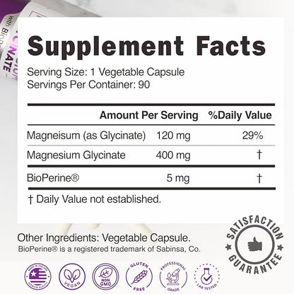 Magnesium Glycinate 400mg with Bioperine - 5X Higher Absorption - Support Stress Relief, Sleep, Bone Health - 100% Chelated - Pure Magnesium Supplement - 90 Veggie Capsules