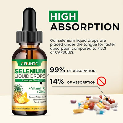 2 Pack Selenium Liquid Drops, 200mcg Liquid Selenium Supplement with Vitamin C & Zinc, Support for Immune System, Antioxidant & Heart Health, High Absorption, Pineapple Flavor