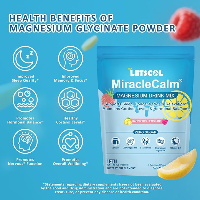 MiracleCalm Drink Mix Powder, Calm Magnesium Calcium Supplement, Cortisol Drink Powdered for Sleep, Relaxed & Focus with Easily Absorbed L-Theanine, Vitamin D3, Ashwagandha, Sugar Free