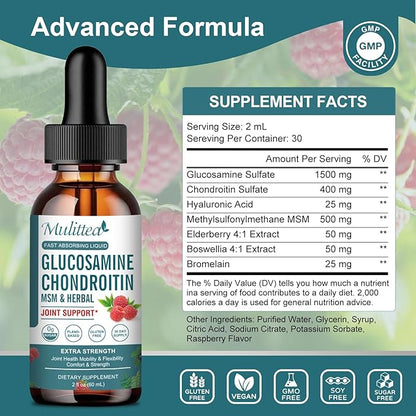 Glucosamine Chondroitin MSM Liquid Drops-w/Elderberry, Boswelia &Hyaluronic Acid-Extra Strength Joint Support Supplement for Mobility, Flexibility & Bones,High Absorption,60ml (2 fl oz)