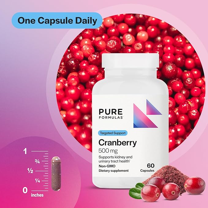 PureFormulas Cranberry 500 mg - Supports Kidney and Urinary Tract Health - Antioxidant Supplement for Immune Protection and Cellular Health - Cranberry Pills for Women & Men - Non-GMO - 60 Capsules