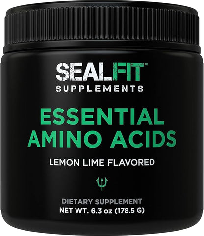 SEALFIT Essential Amino Acids Pre + During + Post Workout Powder. EAA + BCAA Aminos Supplement for Energy, Muscle Growth, and Recovery. EAAs and BCAAs. Perfect Preworkout for Men & Women. Lemon Lime