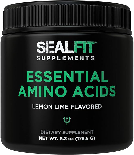 SEALFIT Essential Amino Acids Pre + During + Post Workout Powder. EAA + BCAA Aminos Supplement for Energy, Muscle Growth, and Recovery. EAAs and BCAAs. Perfect Preworkout for Men & Women. Lemon Lime