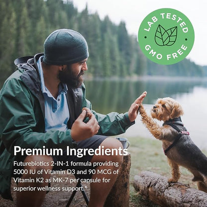 Futurebiotics Vitamin K2 (MK7) with D3 Supplement - Non-GMO Formula - 5000 IU Vitamin D3 & 90 mcg Vitamin K2 MK-7, 250 Vegetarian Capsules