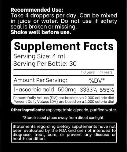 Liquid Vitamin C - High Dose - Vitamin C Drops - for Adults and Kids - 500 mg - Liquid VIT C - Non GMO - Vitamin C Liquid Supplement (4 fl oz 120 ml)
