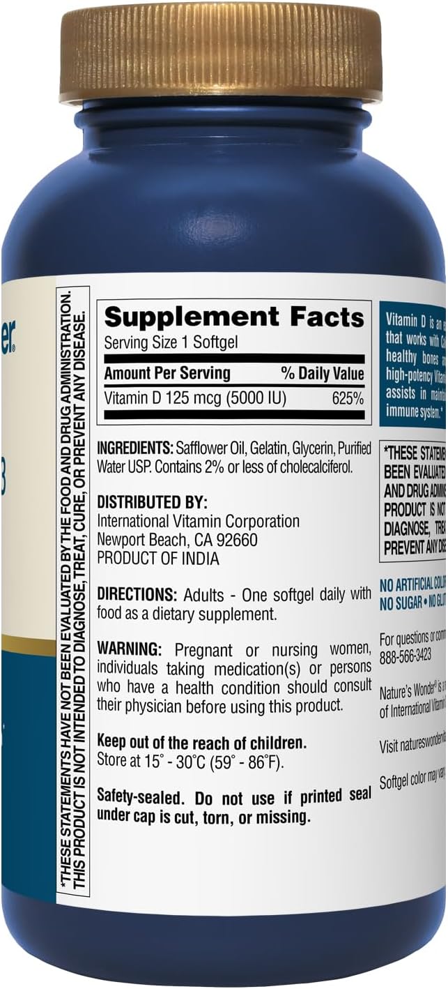Nature's Wonder Vitamin D3 5000iu (125mcg) High Potency, Dietary Supplement to Support Bone Health and Immune System, Gluten Free, 360 Softgels, 1 Year Supply