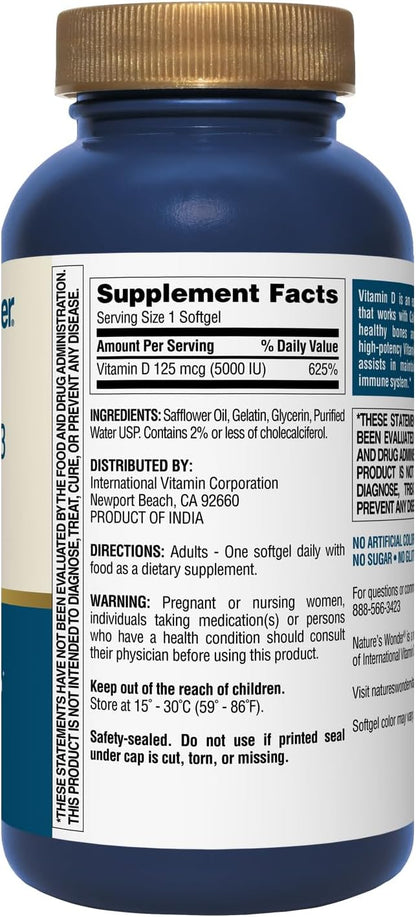 Nature's Wonder Vitamin D3 5000iu (125mcg) High Potency, Dietary Supplement to Support Bone Health and Immune System, Gluten Free, 360 Softgels, 1 Year Supply