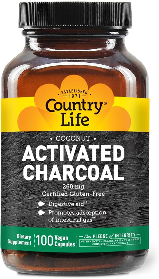 Country Life Coconut Activated Charcoal Capsules, 260mg – Natural Charcoal Supplement for Gas and Bloating Relief - Gluten-Free, 100 Vegan Capsules