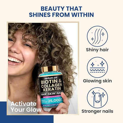 Venture Pal Biotin Gummies with Collagen & Keratin - Hair Growth Support Skin and Nail Strength Vitamins for Women & Men - Biotin 10000mcg | B-Complex | Saw Palmetto - Sugar Free, Non-GMO, 60ct