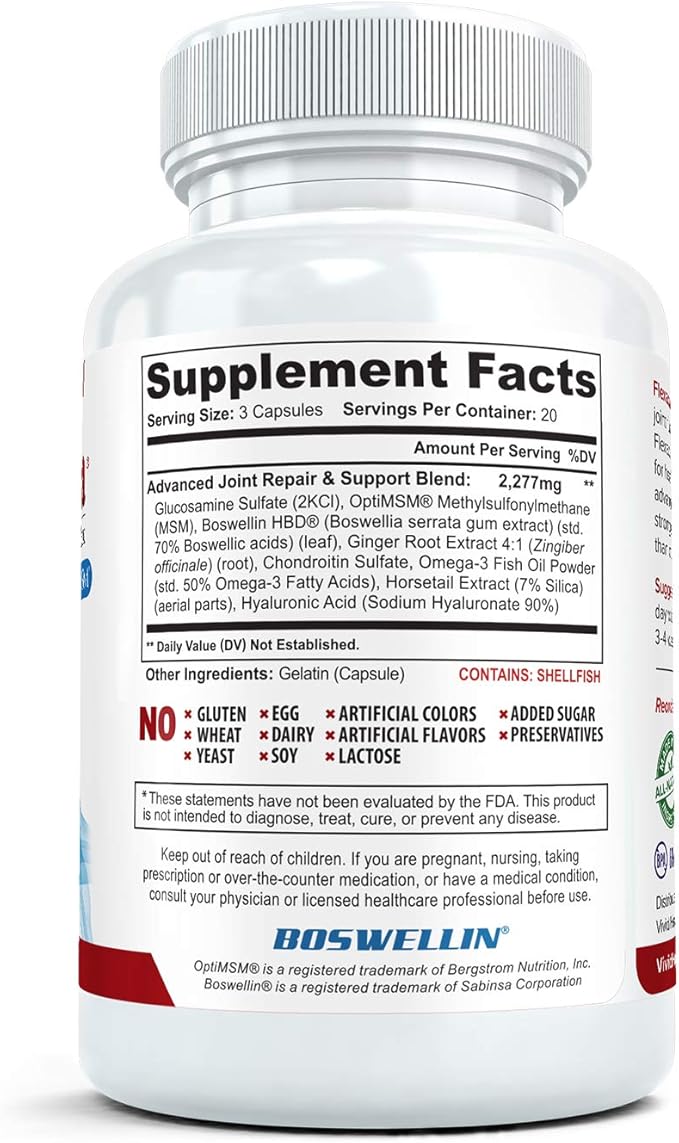 Joint Health & Support Supplement with Glucosamine, Chondroitin, Hyaluronic Acid & MSM, 60 Capsules