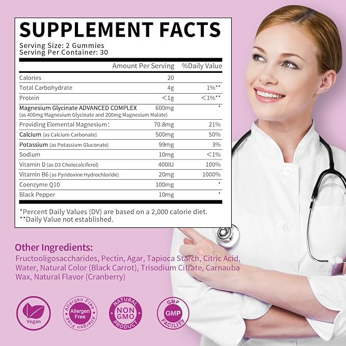 Magnesium Glycinate Gummies 400 mg, High Absorption Magnesium Glycinate Supplement with Potassium, Calcium, Vitamin D, B6 & CoQ10 for Night, Muscle Support Cranberry Flavor 60 Count (2 Packs)