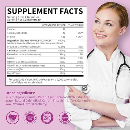 Magnesium Glycinate Gummies 400 mg, High Absorption Magnesium Glycinate Supplement with Potassium, Calcium, Vitamin D, B6 & CoQ10 for Night, Muscle Support Cranberry Flavor 60 Count (2 Packs)