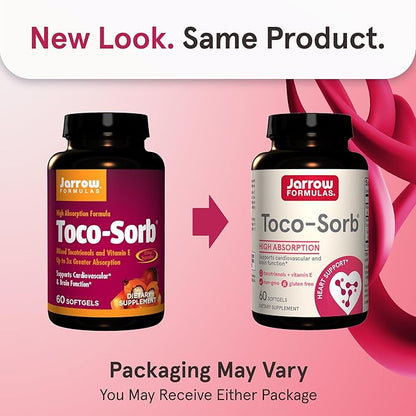 Jarrow Formulas® Toco-Sorb Cardiovascular Health and Brain Function Support, High Absorption Formula, Tocotrienol-Tocopherol Complex and Vitamin E, 60 Softgels, 30 Day Supply