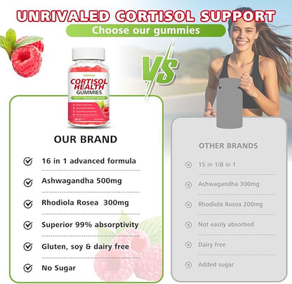 16-in-1 Cortisol Gummies for Women, Sugar Free Cortisol Gummies Supplement with Ashwagandha, Rhodiola Rosea, Magnesium, L-theanine for Relaxation, Sleep, Cognition, Raspberry Flavor, 60Ct