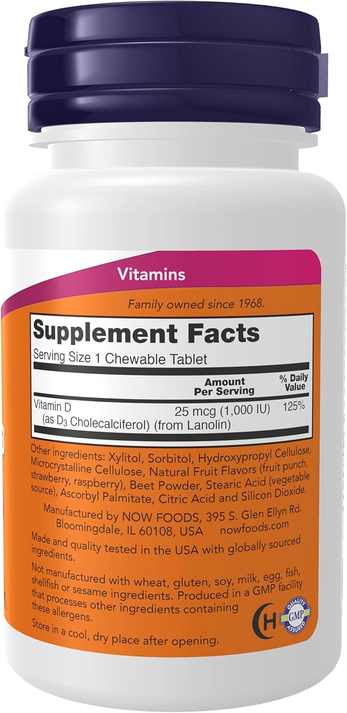 NOW Foods Supplements, Vitamin D-3 1,000 IU, Natural Fruit Flavor, Structural Support*, 180 Chewables
