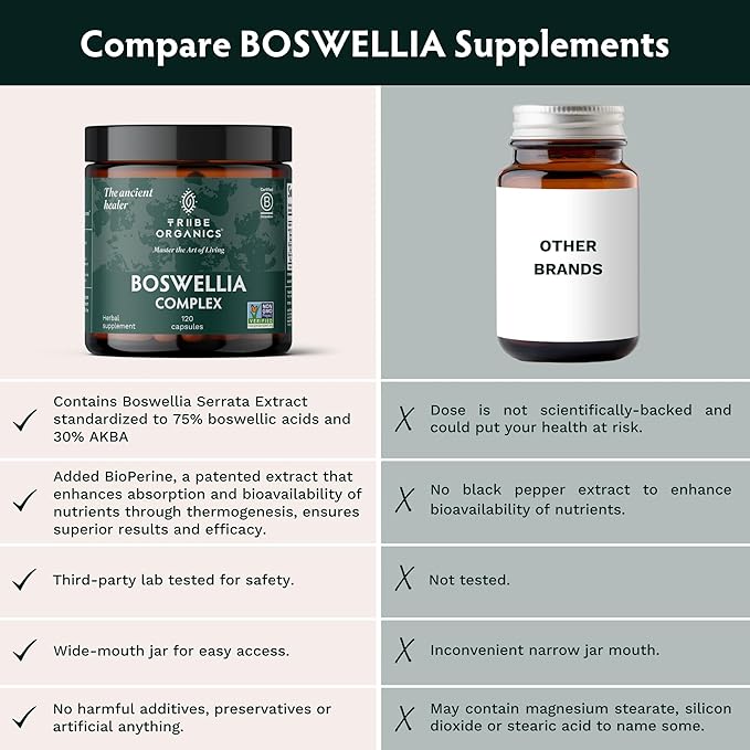 TRIBE ORGANICS Boswellia Serrata Complex Supplement for Joint Support, Muscle Relief - Vegetarian Non-GMO 120 Capsules, High Potency - Boswellin Super with Ginger Extract & Black Pepper - 420mg