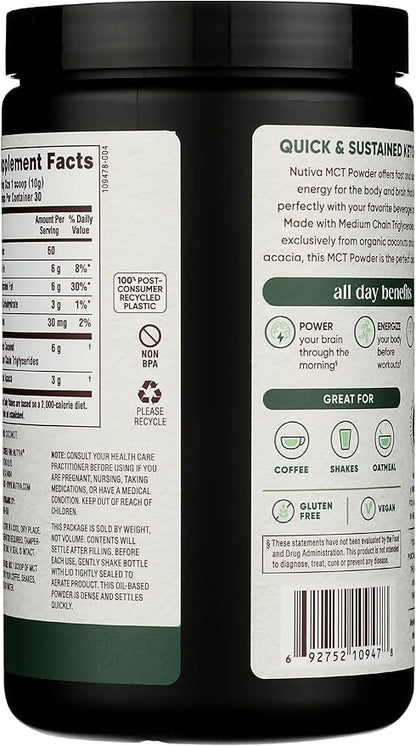 Nutiva Organic MCT Powder with Prebiotic Acacia Fiber, Classic, 10.6 Oz, USDA Organic, Non-GMO, Non-BPA, Vegan, Gluten-Free, Keto & Paleo, Instant Beverage or Boost to Coffee & Smoothies