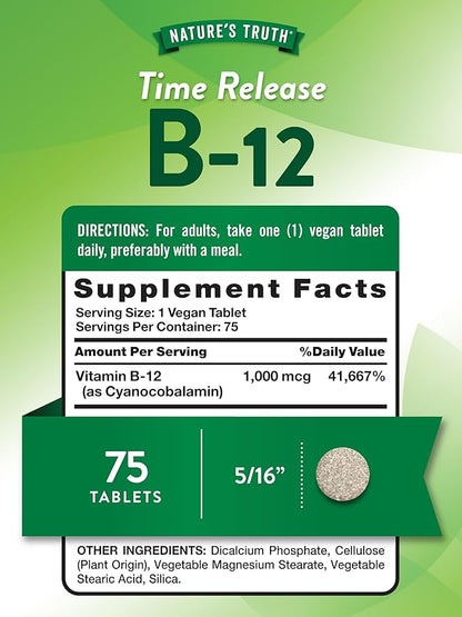 Nature's Truth Vitamin B12 1000 mcg | 75 Timed Release Tablets | Vegan, Non-GMO & Gluten Free Supplement