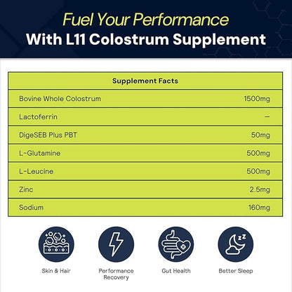 Colostrum Supplement by L11 with Lactoferrin Biotin Zinc & Vitamin D | Bovine Colostrum Powder for Peak Athletic Health, Gut Health, Muscle & Immune Support | 1500mg Colostrum - Chocolate, 30 Servings