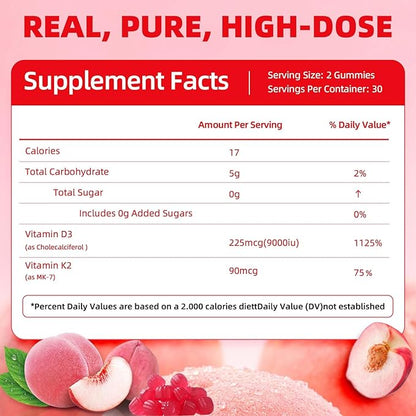 Vitamin D3 K2 Gummies 9000 IU for Adult Women Muscle Teeth Immune Support, Sugar Free D3 and K2 Supplements Gummy 60 Counts, Peach Flavor