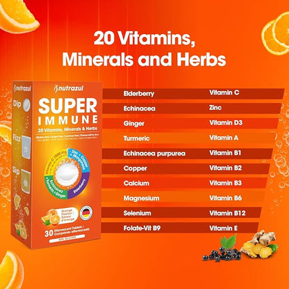 nutrazul Super Immune Effervescent Tablets | Maintains Immune Function & Antioxidant Support | 20 Vitamins, Minerals and Herbs | Orange Flavour | 30 Tablets
