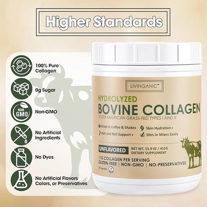 Hydrolyzed Bovine Collagen,15.9oz Types I & III, Grass-Fed, Pasture-Raised Protein, Zero Sugar Supplement for Healthy Skin, Nails, Bones & Joints Unflavored 41 Servings